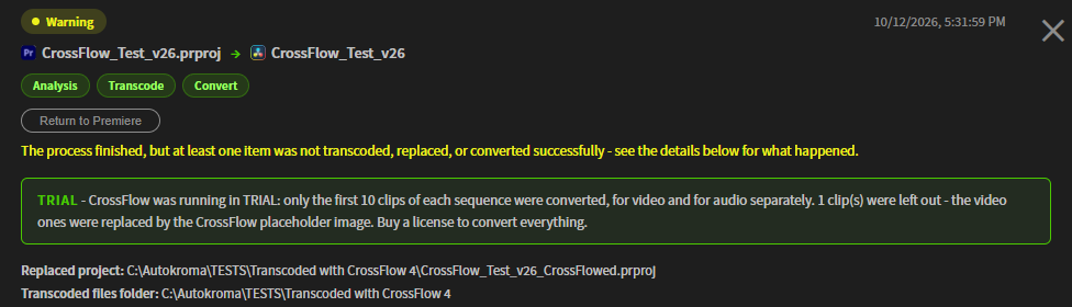 The top of a trial conversion report, with a TRIAL notice saying how many clips were left out