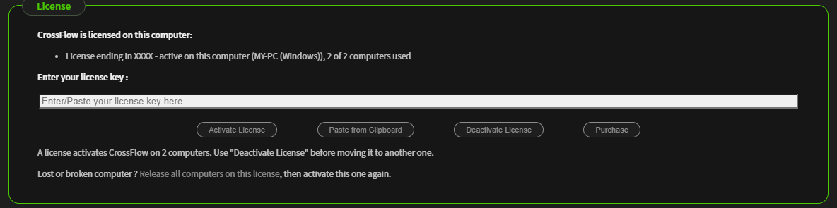 The License section: the active license, the key field and the Activate, Paste from Clipboard, Deactivate and Purchase buttons