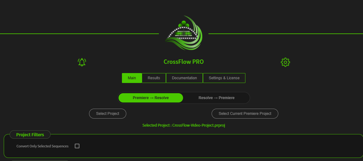 The CrossFlow Main tab with a Premiere Pro project selected, showing the Premiere to Resolve switch and the option sections
