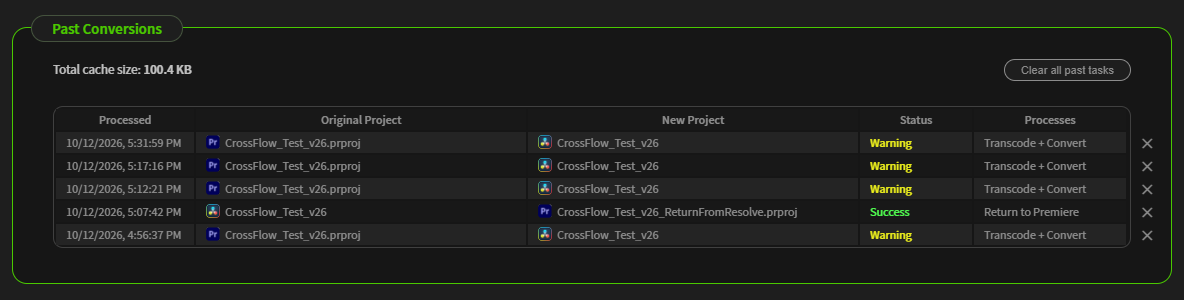 The Results tab listing past conversions with their date, original and new project, status and processes