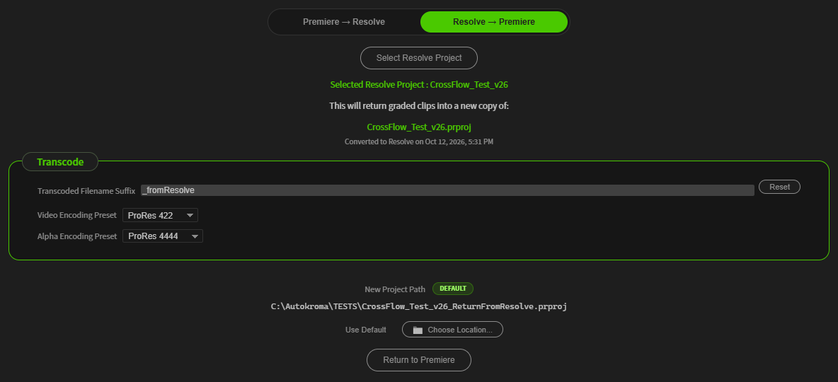 The Resolve to Premiere mode of the Main tab with a Resolve project selected, its encoding presets and the New Project Path