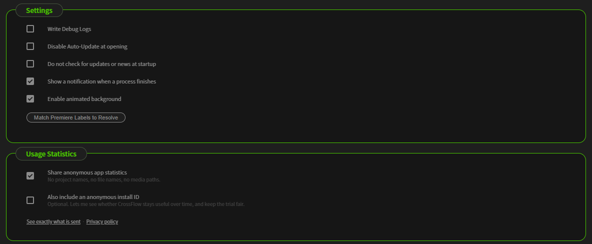 The Settings and Usage Statistics sections of the Settings & License tab