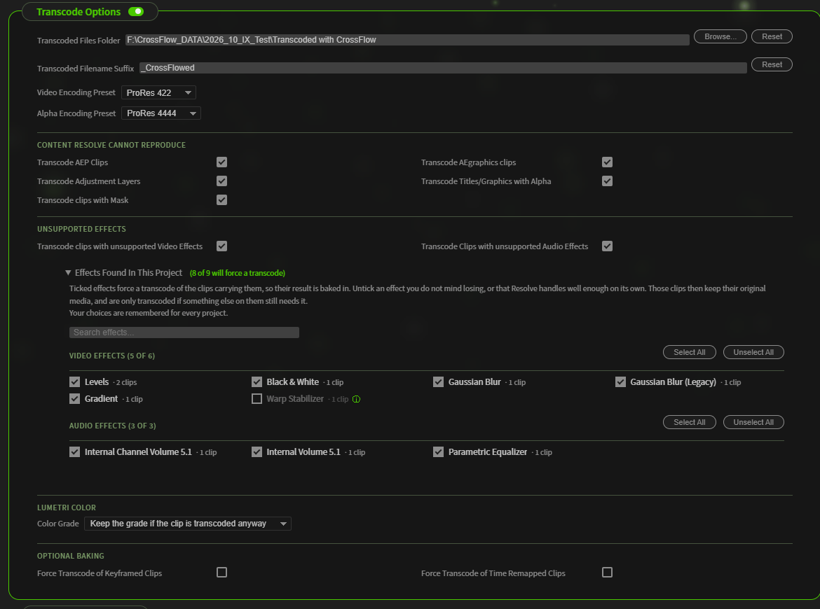The Transcode Options section with the encoding presets, the transcode categories, and the Effects Found In This Project list