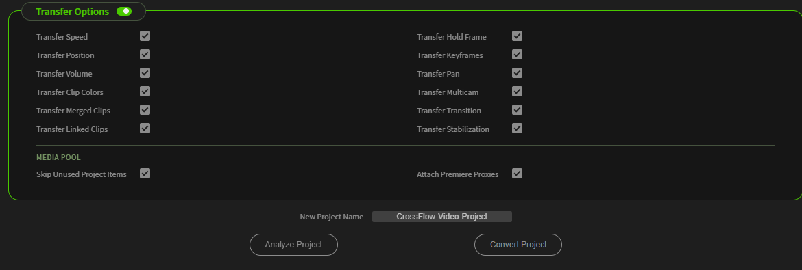 The Transfer Options section: one checkbox per transfer option, the Media Pool options, the New Project Name and the Analyze Project and Convert Project buttons
